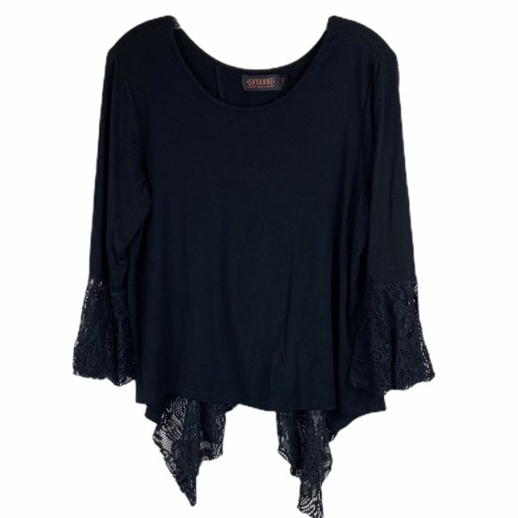 Shyanne Lace Detail Top Blouse Black Rayon - Picture 1 of 4